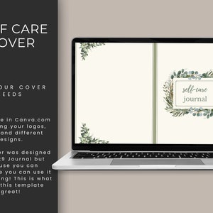 May include: A laptop screen displaying a digital journal cover with a watercolor wreath of green leaves and the text "self-care journal".