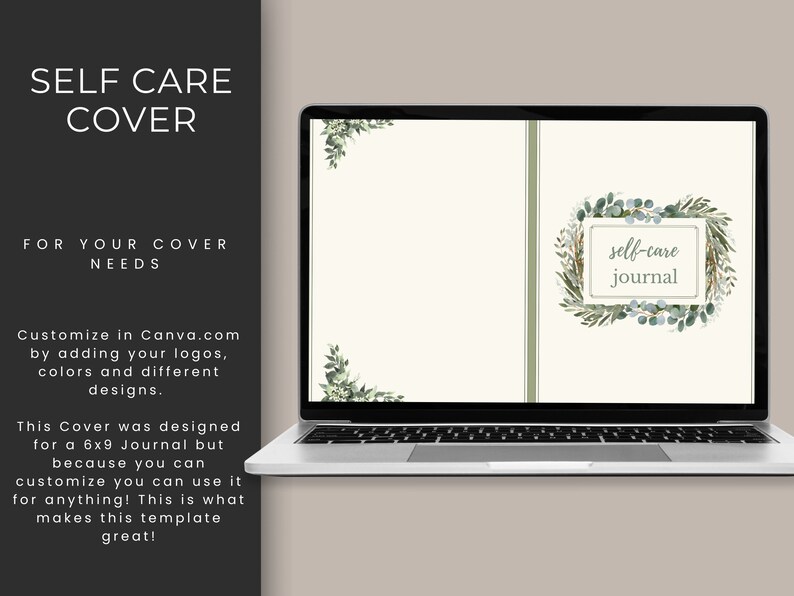 May include: A laptop screen displaying a digital journal cover with a watercolor wreath of green leaves and the text "self-care journal".