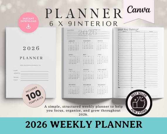 2026 Weekly Planner Canva Template: 6x9 Editable KDP Interior (PLR Friendly)