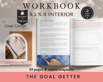 Può includere: Un quaderno di lavoro intitolato "The Goal Getter Journal" con una copertina rosa e arancione. Il quaderno è progettato per aiutarti a conquistare qualsiasi obiettivo in quattro settimane. La copertina presenta una nota scritta a mano su un pezzo di carta all'interno di un barattolo di vetro trasparente. Il testo sulla copertina recita "The Goal Getter Journal" e "Conquer Any Goal in 4 Weeks". Il quaderno misura 8,5 pollici per 11 pollici ed è stampabile. Il quaderno è modificabile in Canva.