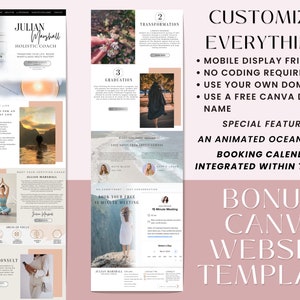 May include: A website template for holistic coaches, featuring a pink background with a white text overlay. The text reads "Customize Everything" and lists features like mobile display friendly, no coding required, use your own domain, and use a free Canva domain name. The text also highlights special features like an animated ocean scene, booking calendar integrated within the site, and a bonus Canva website template.
