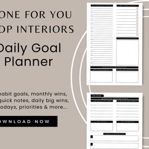 Puede incluir: Un planificador digital de objetivos diarios con un fondo neutro. El planificador incluye secciones para tareas diarias, notas y reflexiones. El texto de la imagen dice "DONE FOR YOU KDP INTERIORS Daily Goal Planner" y "DOWNLOAD NOW".