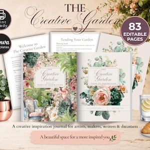 May include: A collection of 83 editable Canva template pages for a journal titled The Creative Garden: Seeds of Inspiration. The pages feature floral illustrations, botanical designs, and text layouts. Includes a print ready badge and a creative inspiration journal for artists, makers, writers, and dreamers label.