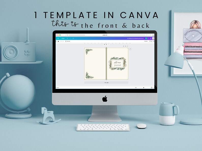 May include: A computer screen displaying a Canva design template for a self-care journal. The front and back covers feature a green floral design with the text "self-care journal".