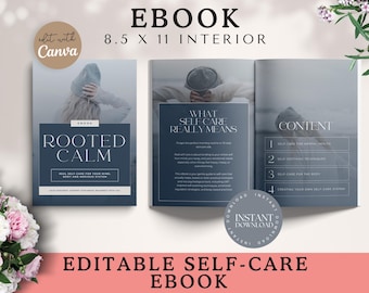 Op de afbeelding: Een open zelfzorg ebook met de titel "Rooted Calm" en de tekst "What Self Care Really Means". Het ebook is 21,6 x 27,9 cm groot en heeft een zacht, gedempt kleurenpalet. De omslag toont een persoon met een hoed.