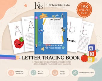幼稚園児向け文字のトレース、KDPインテリアとブックカバー、編集可能なCanvaテンプレート、アカデミックプランナー