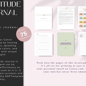 Puede incluir: Una descarga digital de 75 plantillas de Canva para un diario de gratitud. Las plantillas presentan un esquema de color verde claro y morado con un dise&ntilde;o de arco simple. El texto "Gratitude Journal" aparece en la portada del diario.