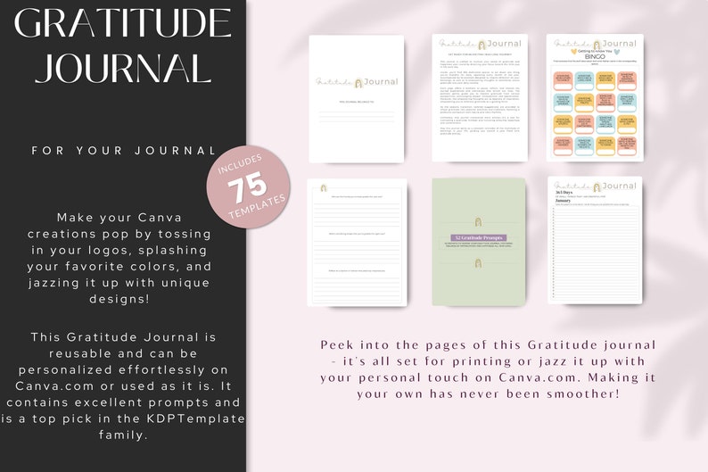 Puede incluir: Una descarga digital de 75 plantillas de Canva para un diario de gratitud. Las plantillas presentan un esquema de color verde claro y morado con un dise&ntilde;o de arco simple. El texto "Gratitude Journal" aparece en la portada del diario.