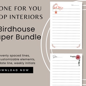 May include: Two printable lined paper templates with birdhouse and flower illustrations. The top template has a birdhouse with two birds on a branch and the bottom template has a pink flower with green leaves. Both templates have a date line and evenly spaced lines.