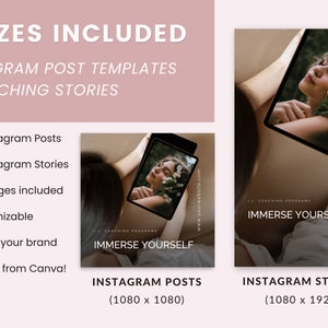 May include: A digital marketing template set for Instagram featuring 50 posts and 50 stories. The template includes a woman holding a tablet with the text "Immerse Yourself" and a website address. The templates are customizable and can be uploaded to Canva.