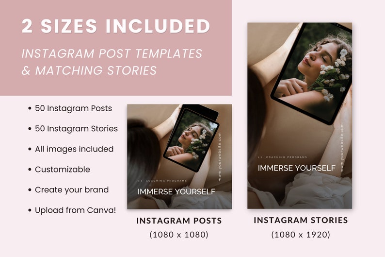 May include: A digital marketing template set for Instagram featuring 50 posts and 50 stories. The template includes a woman holding a tablet with the text "Immerse Yourself" and a website address. The templates are customizable and can be uploaded to Canva.