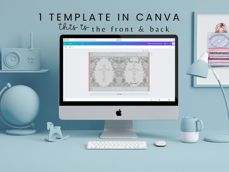 May include: A computer screen displaying a Canva template for a Bible study journal. The template features a floral design with a cross and the words "Bible Study" and "Journal".
