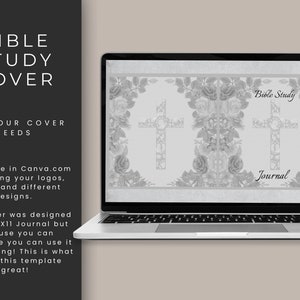 May include: A laptop screen displaying a digital template for a Bible study journal cover. The cover features a floral design with crosses and the text "Bible Study Journal".