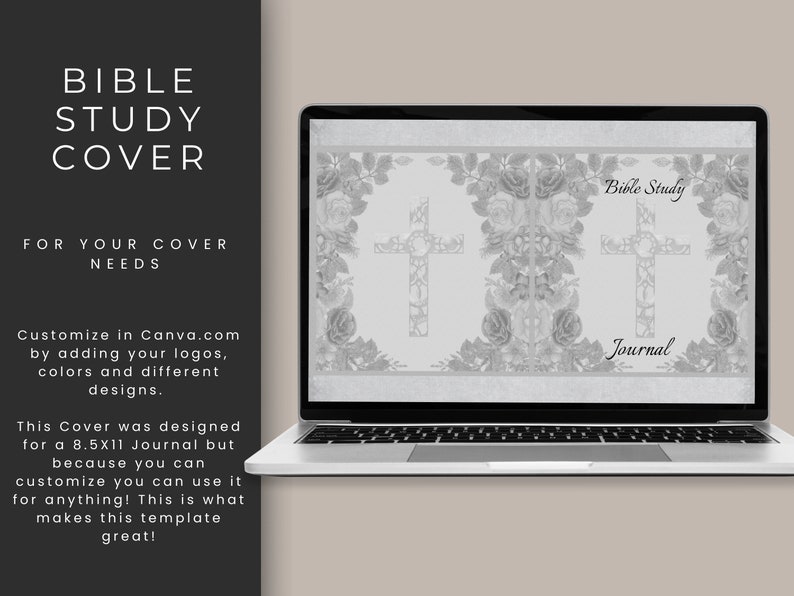May include: A laptop screen displaying a digital template for a Bible study journal cover. The cover features a floral design with crosses and the text "Bible Study Journal".
