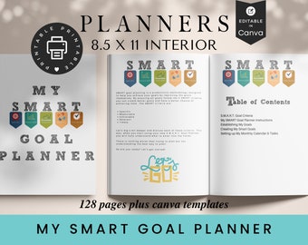 Puede incluir: Un planificador imprimible con una portada en verde azulado, amarillo y verde. El planificador se titula "My SMART Goal Planner" y presenta una tabla de contenido con secciones para los criterios SMART de las metas, el establecimiento de las metas, la creación de las metas y la configuración de un calendario mensual. El planificador está diseñado para ayudarte a establecer y alcanzar tus metas.