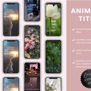 May include: A collection of animated phone wallpapers with various backgrounds and text overlays. The text includes phrases like "Live life with no apologies", "Take a deep breath, exhale, and have faith", "Good Morning", "Self-care is a habit", "Take time to rest", "What's meant to be", "Summer rain", and "Just keep moving".