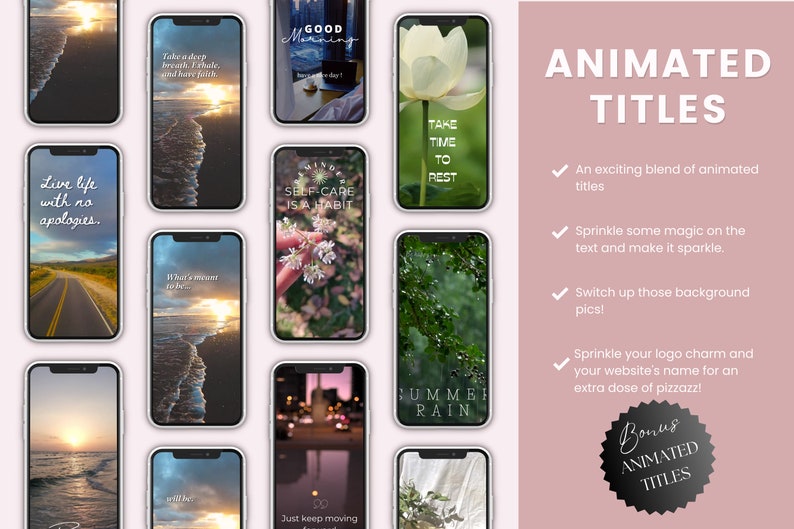 May include: A collection of animated phone wallpapers with various backgrounds and text overlays. The text includes phrases like "Live life with no apologies", "Take a deep breath, exhale, and have faith", "Good Morning", "Self-care is a habit", "Take time to rest", "What's meant to be", "Summer rain", and "Just keep moving".