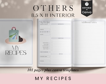 May include: A printable recipe journal featuring a blue and green illustration of a shopping bag with keys. The journal includes sections for recipe name, ingredients, directions, method, notes, and additional notes. The journal is 8.5 x 11 inches and contains 101 pages.