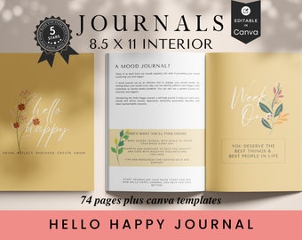 Hello Happy Journal, 8.5x11, KDP Template, Canva Editable, Printable Planner, Mood Journal