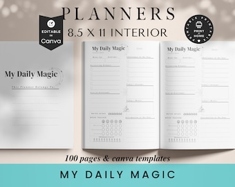 Könnte beinhalten: Ein schwarz-weißer Planer mit dem Titel "My Daily Magic" auf dem Cover. Der Planer ist 21,6 cm x 27,9 cm groß und hat 100 Seiten. Er ist in Canva bearbeitbar und zu Hause druckbar.