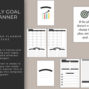 Puede incluir: Una plantilla de Planificador de Objetivos Diarios con un dise&ntilde;o en blanco y negro. La imagen incluye p&aacute;ginas de calendario, secciones de establecimiento de objetivos y citas inspiradoras. El texto en la imagen dice "Customize in Canva.com" y "If the plan doesn't work, change the plan, not the goal."