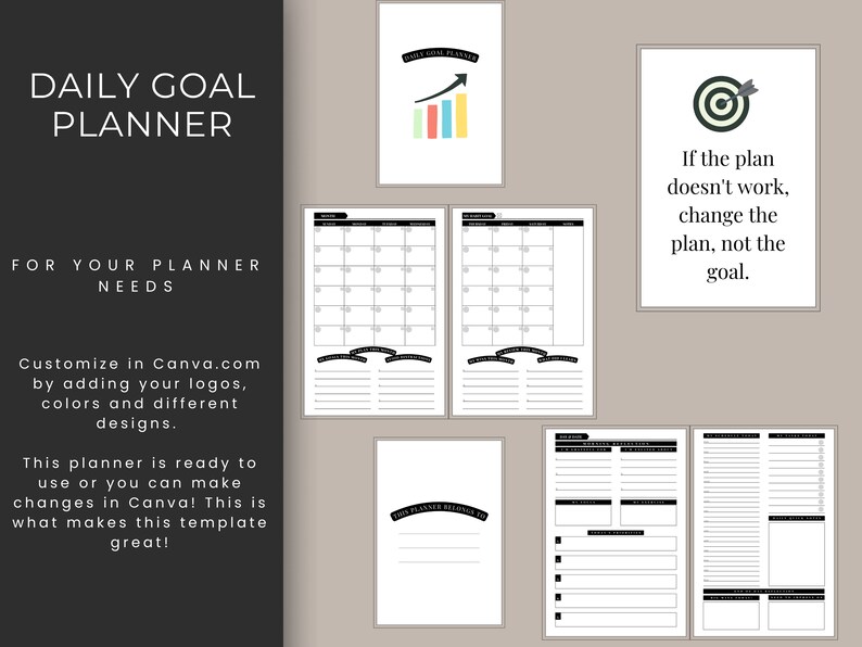 Puede incluir: Una plantilla de Planificador de Objetivos Diarios con un dise&ntilde;o en blanco y negro. La imagen incluye p&aacute;ginas de calendario, secciones de establecimiento de objetivos y citas inspiradoras. El texto en la imagen dice "Customize in Canva.com" y "If the plan doesn't work, change the plan, not the goal."