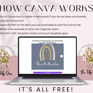 Puede incluir: Una pantalla de computadora port&aacute;til que muestra una plantilla de dise&ntilde;o de Canva con un arco&iacute;ris y la palabra "Gratitud". La plantilla es gratuita para usar y editar. El texto "IT'S ALL FREE!" se muestra debajo de la computadora port&aacute;til.