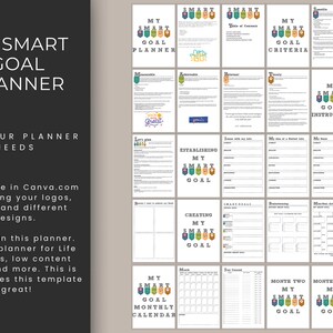 K&ouml;nnte beinhalten: Eine druckbare Planervorlage mit einem farbenfrohen Design. Der Planer tr&auml;gt den Titel "My Smart Goal Planner" und enth&auml;lt Abschnitte zum Festlegen und Erstellen von Zielen, einen Monatskalender und die Zielverfolgung.