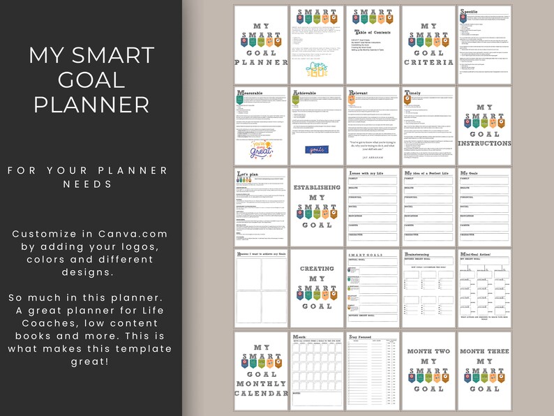 K&ouml;nnte beinhalten: Eine druckbare Planervorlage mit einem farbenfrohen Design. Der Planer tr&auml;gt den Titel "My Smart Goal Planner" und enth&auml;lt Abschnitte zum Festlegen und Erstellen von Zielen, einen Monatskalender und die Zielverfolgung.