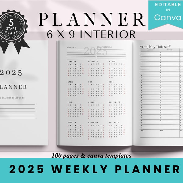 2025 Weekly Planner Dated, 6x9, KDP Template, KDP Interior, Amazon KDP, Digital Planner, Printable