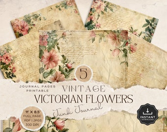 May include: Five printable journal pages featuring vintage Victorian flowers in shades of pink, white, and green on a cream background with handwritten text. The pages are 11 inches by 8.5 inches and 300 DPI.