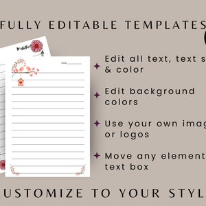 May include: Two printable lined paper templates with a floral design and the text "Date" at the top. The templates are fully editable and can be customized with text, colors, images, and logos using Canva.