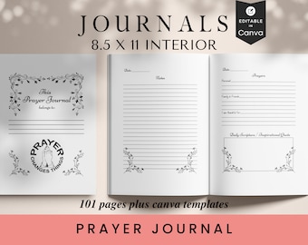 Pode incluir: Um diário de oração preto e branco com um design floral e o texto "Este diário de oração pertence a:" e "A oração muda as coisas". O diário mede 8,5 x 11 polegadas e tem 101 páginas.