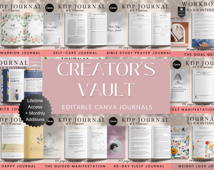 Featured listing image: Creator’s Journal Vault, Editable Canva Journal Templates, Digital Downloads