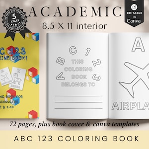 Libro para colorear preescolar ABC 123, interior KDP más portada de libro, editable, plantillas Canva, 8.5x11