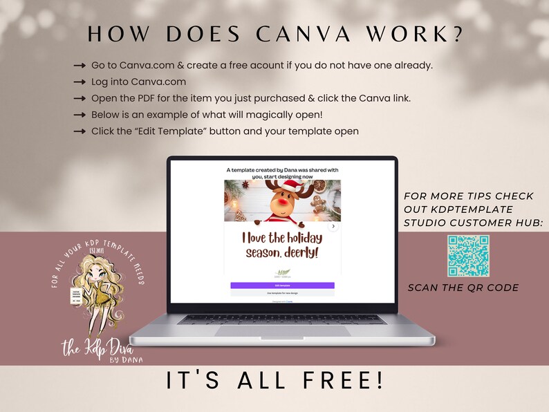 May include: A laptop computer screen displaying a Canva template with a reindeer graphic and the text "I love the holiday season, deerly!" The laptop is on a pink surface with the text "HOW DOES CANVA WORK?" and "IT'S ALL FREE!"  A QR code is displayed on the right side of the image with the text "FOR MORE TIPS CHECK OUT KDPTEMPLATE STUDIO CUSTOMER HUB: SCAN THE QR CODE".
