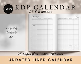 May include: A white undated monthly calendar planner with a black grid and the text "January" and "20_" printed on the page. The calendar is 8.5 inches by 11 inches and has 25 pages.