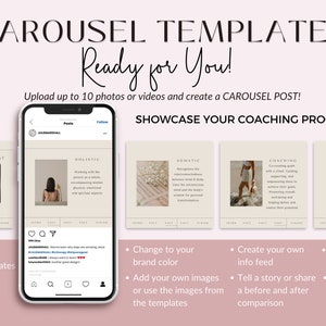 May include: A pink and white graphic design template for a social media carousel post. The template features a phone screen displaying a carousel post with the text "Holistic" and a woman's back. The text "Showcase your coaching program!" is displayed above the template. The text "51 Different Carousel templates for you to customize" is displayed on the left side of the image. The text "Change to your brand color. Add your own images or use the images from the templates" is displayed on the right side of the image.