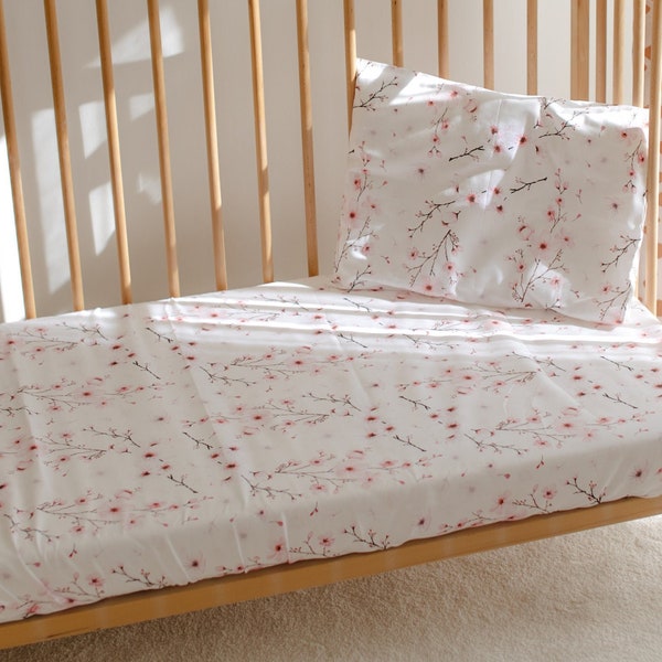 Cherry Blossom Crib Sheet, Vintage Pink Flowers Crib Sheet, Cherry Pinky Flowers Baby Crib Sheet, Cherry Blossom Nursery Crib Sheet