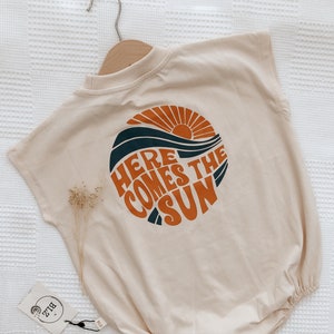 Beige Summer Romper, Here Comes the Sun Jumpsuit, Retro Romper, Motto Kids Jumpsuit, Organic Cotton Baby Romper, Oversize Symmer Overall, image 1