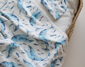Ocean Whale Organic Newborn Set - Cotton Baby Blanket with Matching Hat, Soft and Warm, Ideal Newborn Gift, 0-6 Months