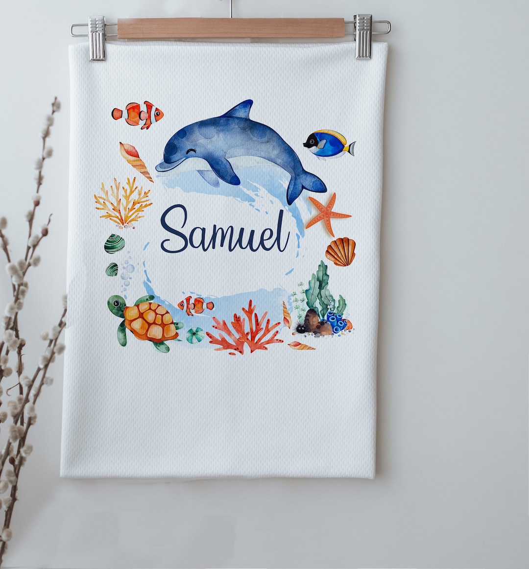 Dolphin Blanket Blue Dolphin Personalized Blanket 80x90 Cm Organic Cotton Personalised Baby Blanket Baby Gift Blanket Etsy