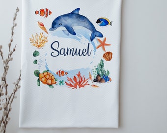 Dolphin Blanket, Blue Dolphin Personalized Blanket, 80x90 cm Organic Cotton Personalised Baby Blanket, Baby Gift Blanket