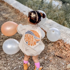 Beige Sun Romper, Here Comes The Sun Jumpsuit,Retro Romper, Unisex Kids Body %100 Organic Cotton Oversize Baby Romper, Long Sleeve Romper