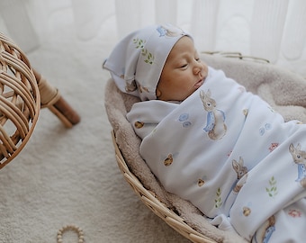 Peter Rabbit Baby Blanket and Hat Newborn Set, Cotton Hat and Blanket, Rabbit Baby Gift Blanket, Newborn Gift