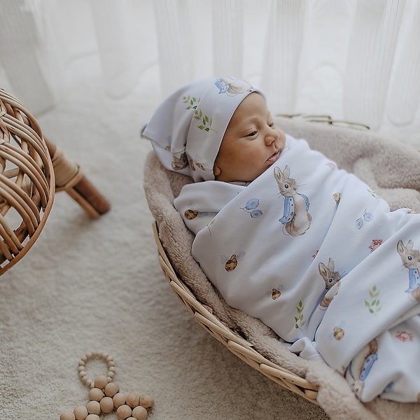 Peter Rabbit Baby Blanket and Hat Newborn Set, Cotton Hat and Blanket, Rabbit Baby Gift Blanket, Newborn Gift