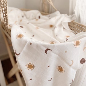 Moon and Sun Muslin Swaddle, 120 x 120 cm Muslin Swaddle, Baby 2 Layer Muslin Blanket, Cotton Boho Muslin Swaddle, Baby Gift Muslin