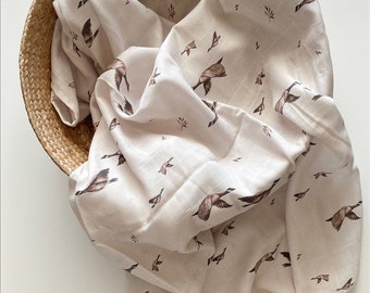 Goose Muslin Swaddle, Xlarge Organic Muslin Swaddle, Baby 2 Layer Muslin Blanket, Autumn Muslin Blanket, Bird Baby Organic Blanket