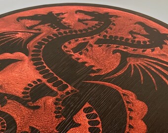 Handmade Wenge Wood Coffee Table: Targaryen Dragon Emblem - Diameter 47 cm - Swiss Made