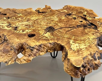XL rustic coffee table out of an olive wood root cookie slab #15 - 104 x 63 cm - Swiss Made